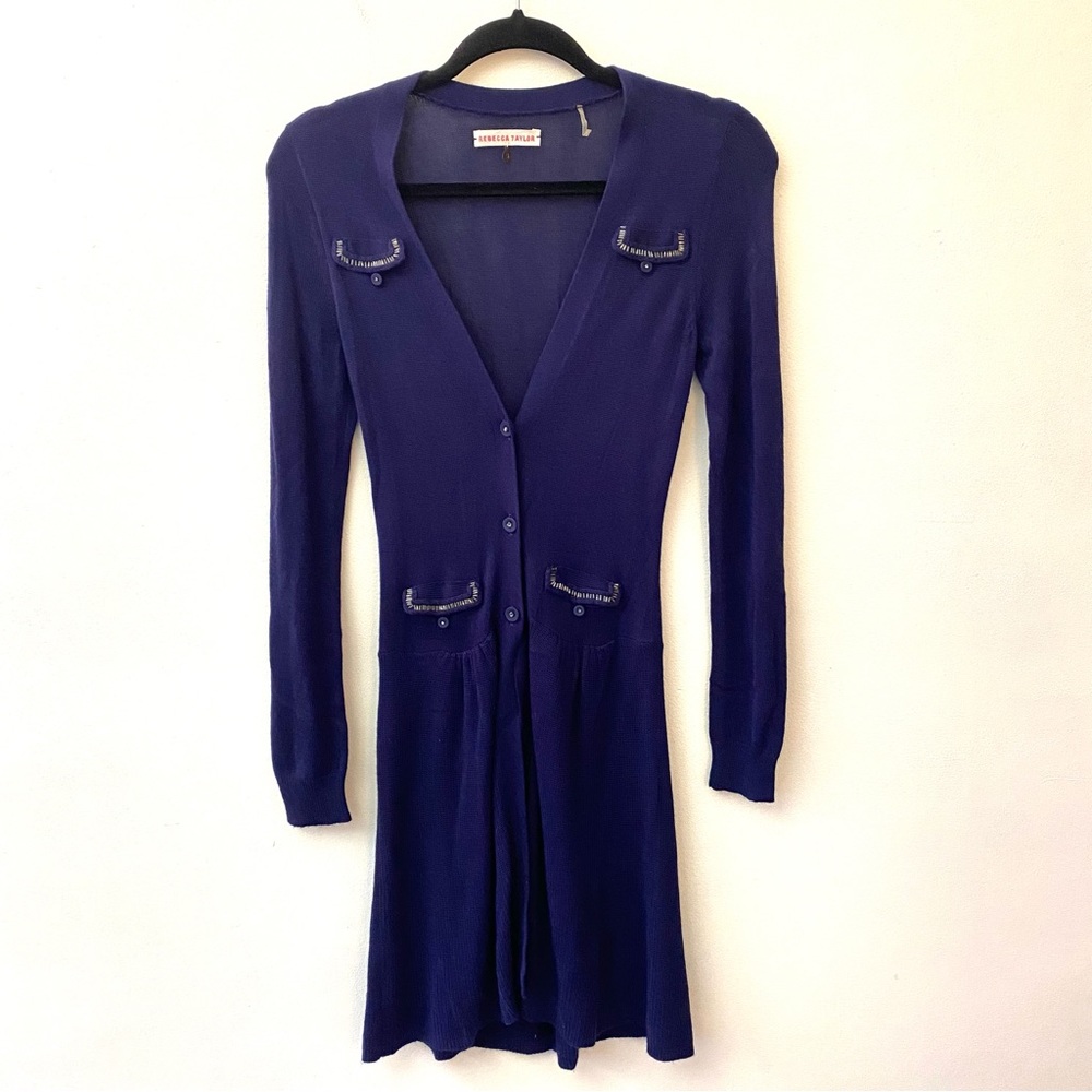Rebecca Taylor navy long button front cardigan with beaded trim pockets
